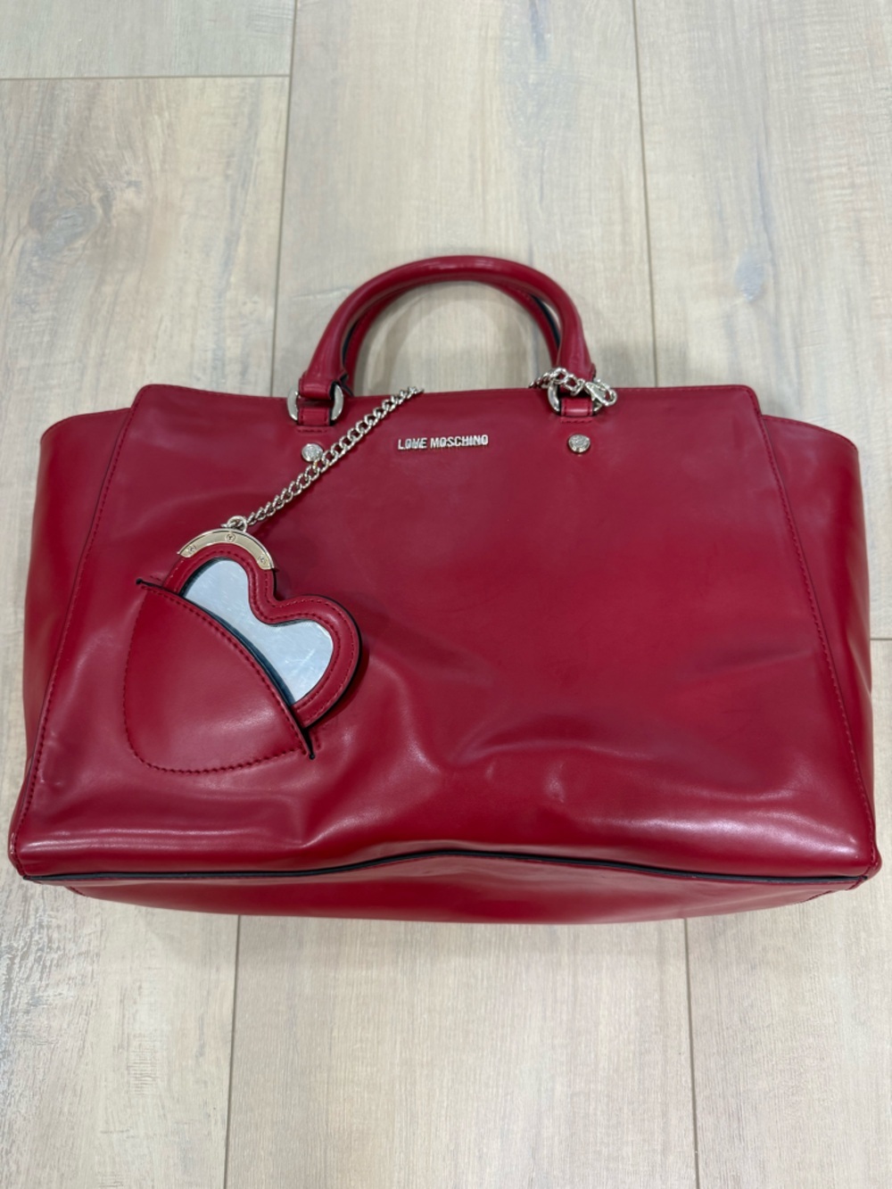 Love Moschino Red Vegan Leather Tote with Heart Charm